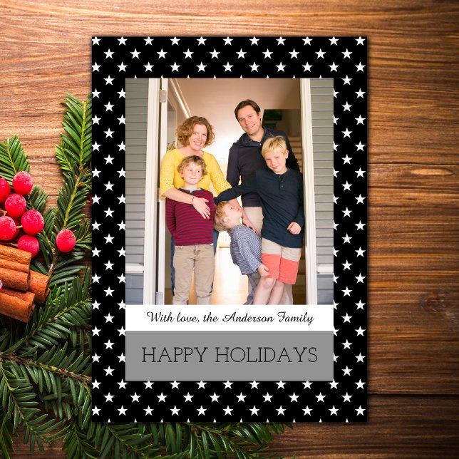 Black Festive Stars Helgdag Photo Flat Card Julkort (Black Festive Stars Holiday Photo Card)