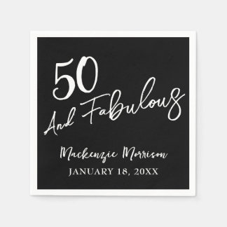 Black Fifty and Fabulous Script Birthday Party Pappersservett