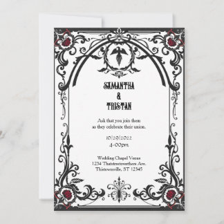 Black Filigree Ro Ram Gothic Vintage bröllop Inbjudningar