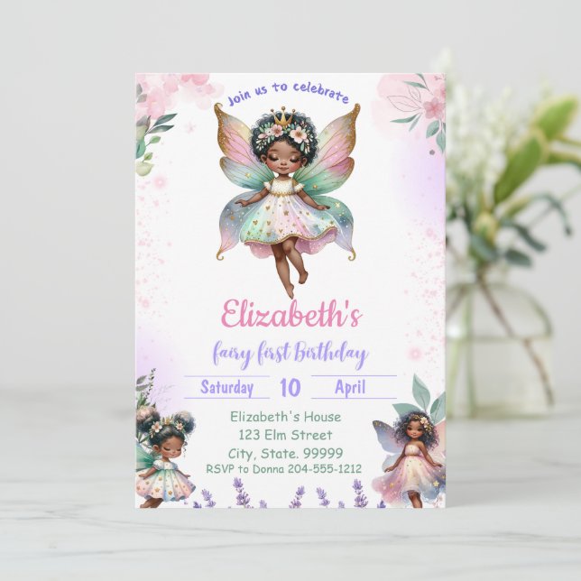 Black First Fairy Whimsical Birthday Inbjudningar (Stående Fram)