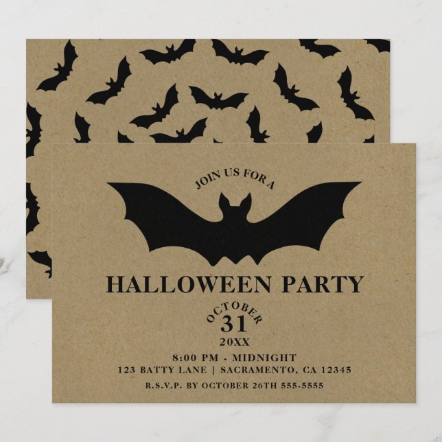 Black Fladdermus Rustic Kraft Halloween fest Inbjudningar (Fram/baksida)