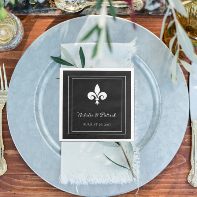 Black Fleur de Lis Bröllop Pappra Napkins Pappersservett (Black Fleur de Lis Wedding Paper Napkins)