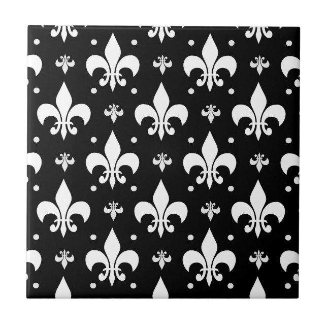 Black Fleur-de-lis Mönster Design Kakelplatta (Framsidan)