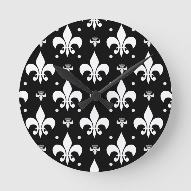 Black Fleur-de-lis Mönster Design Rund Klocka (Framsida)