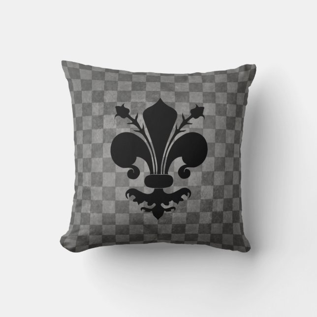 Black Fleur De Lis på grått Checkerboard mönster Kudde (Framsida)
