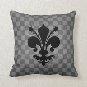 Black Fleur De Lis på grått Checkerboard mönster Kudde