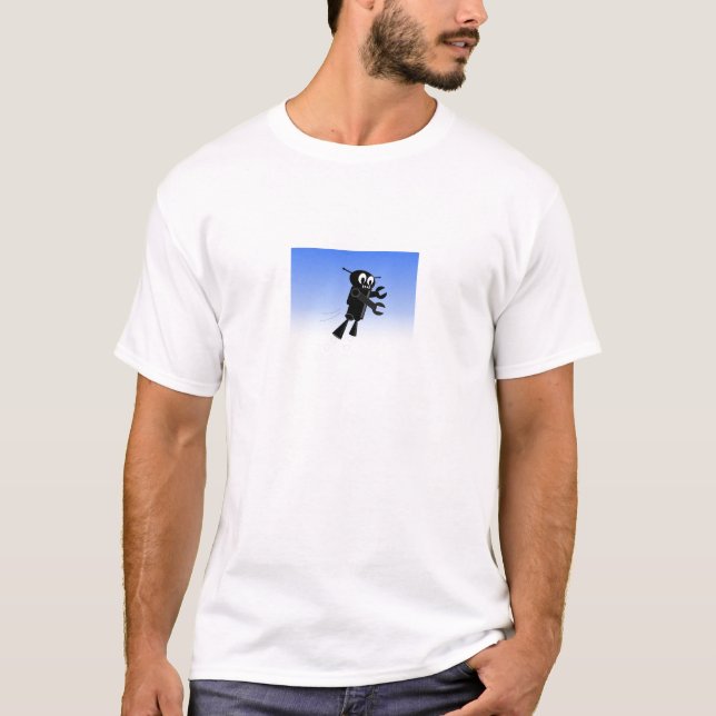Black Flies Robot Blå himmel Background Tee Shirt (Framsida)