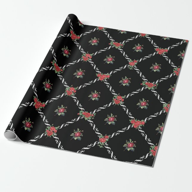 Black Floral and Lattice Sweet Valentine Presentpapper (Utrullad)