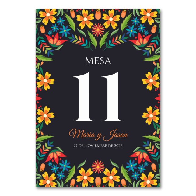 Black Floral Colorful Botanical Spanish Wedding Bordsnummer (Framsidan)