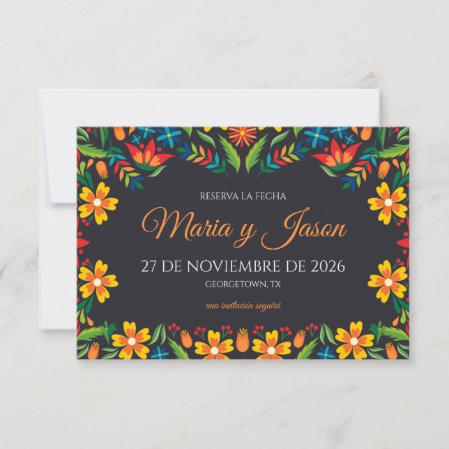 Black Floral Colorful Botanical Spanish Wedding Spara Datumet (Framsida)
