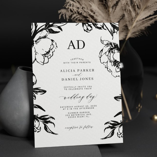 Black floral elegant wedding inbjudningar (Skapare uppladdad)