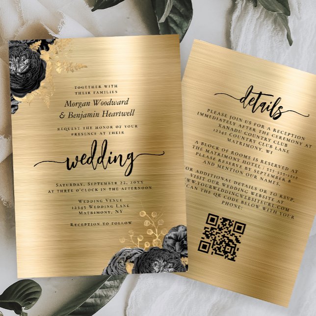 Black Floral Gold Brushed Metal QR Code Wedding Inbjudningar (Skapare uppladdad)