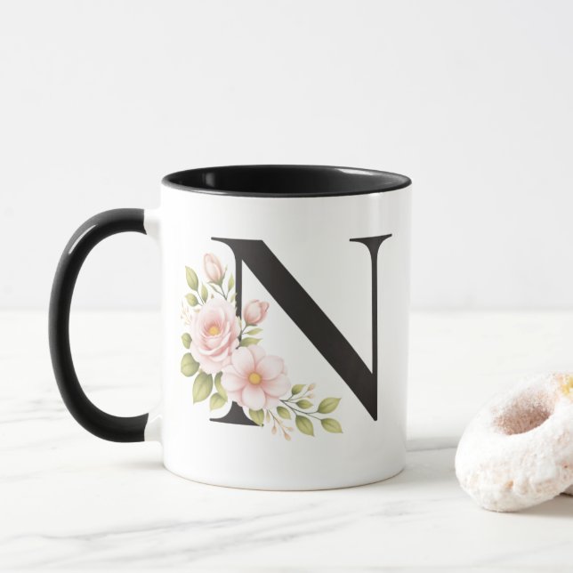 Black Floral Monogram N Mug Mugg (Med munk)