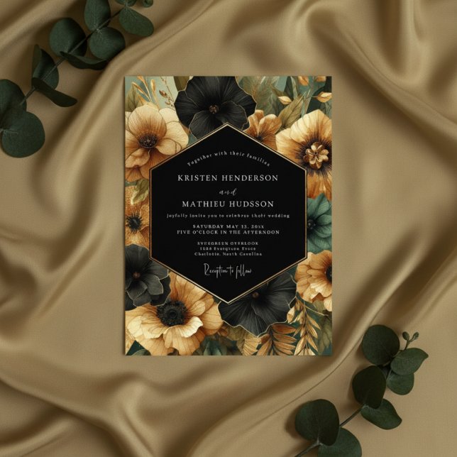 Black Floral Opulent Wedding Inbjudningar (Skapare uppladdad)