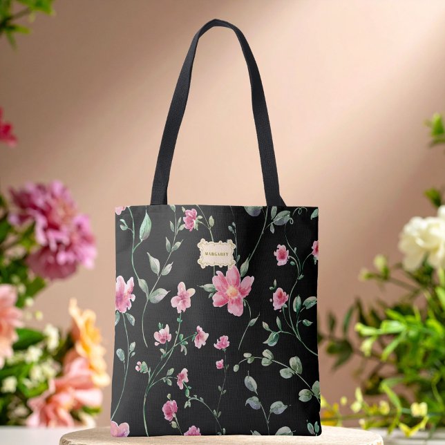 Black Floral pink Flowers pattern Trendy Classic Tygkasse (Skapare uppladdad)