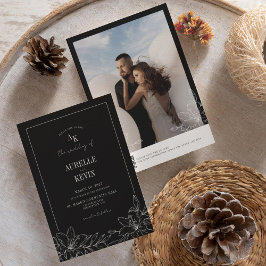 Black Floral Rustic Monogram Photo QR Wedding  Inbjudningar