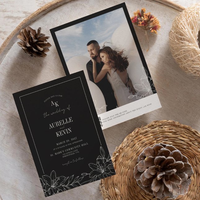 Black Floral Rustic Monogram Photo QR Wedding  Inbjudningar (Skapare uppladdad)