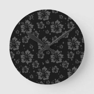 Black Flower Illustration på svart bakgrund Rund Klocka