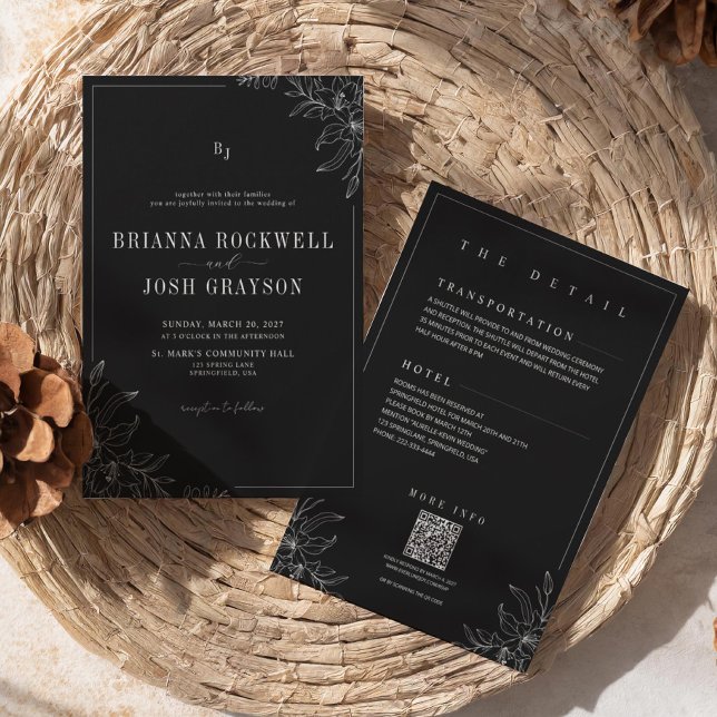 Black Flower Rustic Elegant Monogram QR Wedding  Inbjudningar (Skapare uppladdad)