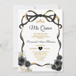 Black Flowers Bow Ribbon Guld Krona Mis Quince Inbjudningar