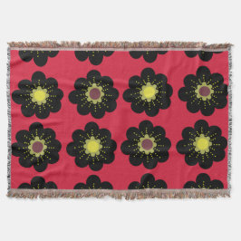 Black Flowers Red Background Scandinavian Flowers Filt