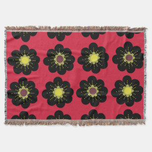 Black Flowers Red Background Scandinavian Flowers Filt