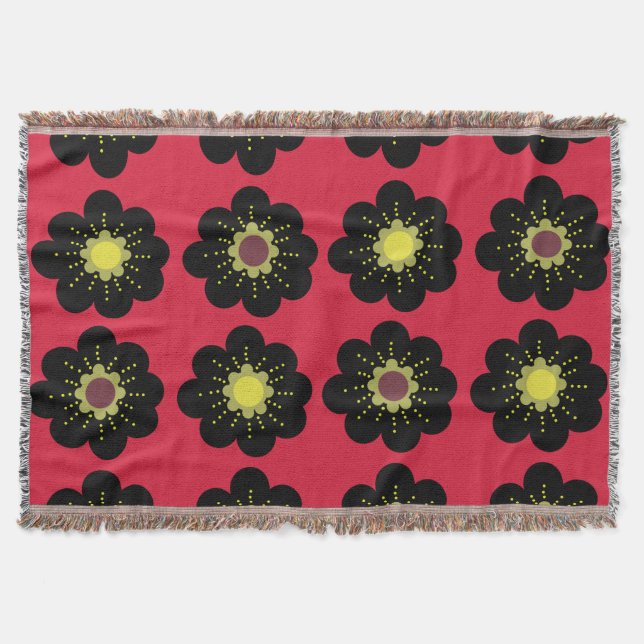 Black Flowers Red Background Scandinavian Flowers Filt (Framsidan)