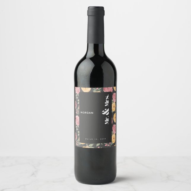 Black Flowers Vin Flaska-etikett för Bröllop Vinflaska Etikett (Framsida)