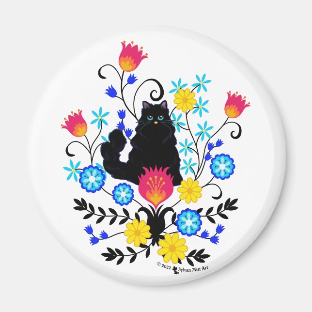Black Fluffy Cat med Flowers Magnet (Framsidan)