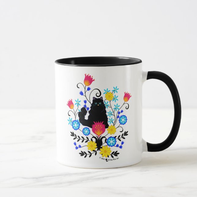 Black Fluffy Cat med Flowers Mugg (Höger)