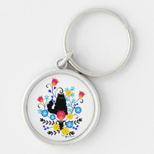 Black Fluffy Cat med Flowers Rund Silverfärgad Nyckelring