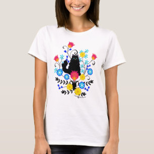 Black Fluffy Cat med Flowers T Shirt