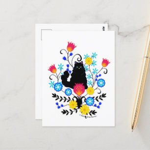 Black Fluffy Cat med Flowers Vykort