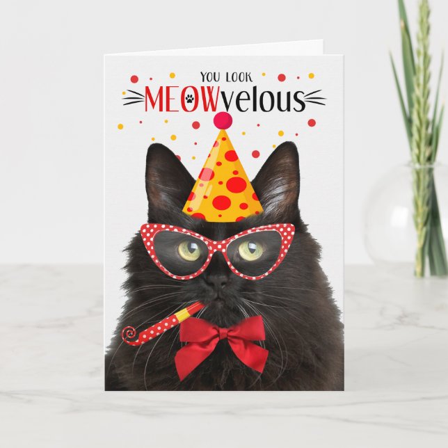 Black Fluffy Cat MEOWvelous Birthday Kort (Framsida)