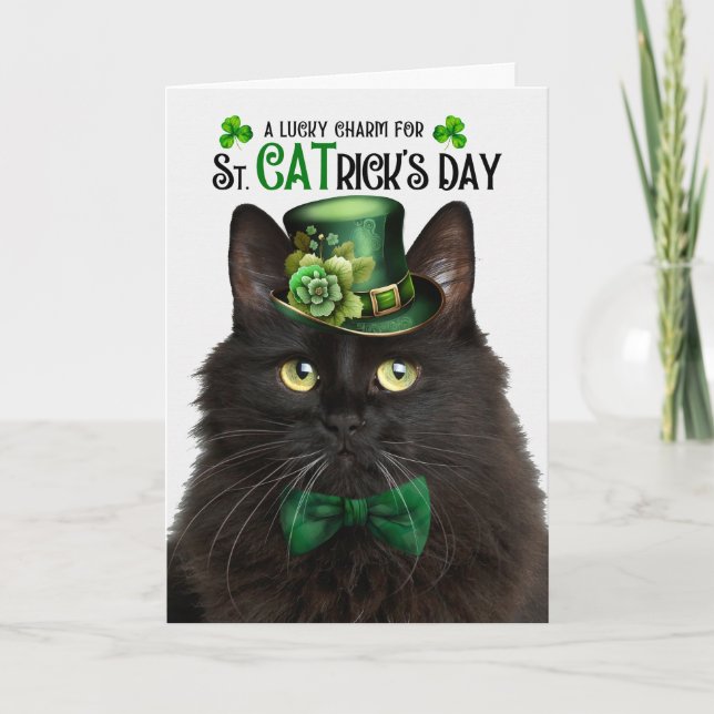 Black Fluffy Cat St. CATricks Day Lucky Charm Helgkort (Framsida)