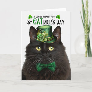 Black Fluffy Cat St. CATricks Day Lucky Charm Helgkort