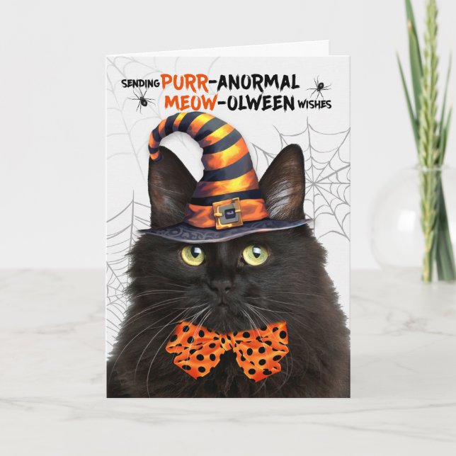 Black Fluffy Halloween-katt PURRanormal MEOWolween Helgkort (Framsida)