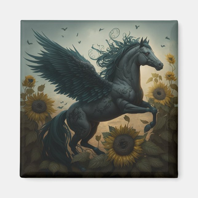 Black Flying Horse Sunflower  Fantasy  Magnet (Framsidan)