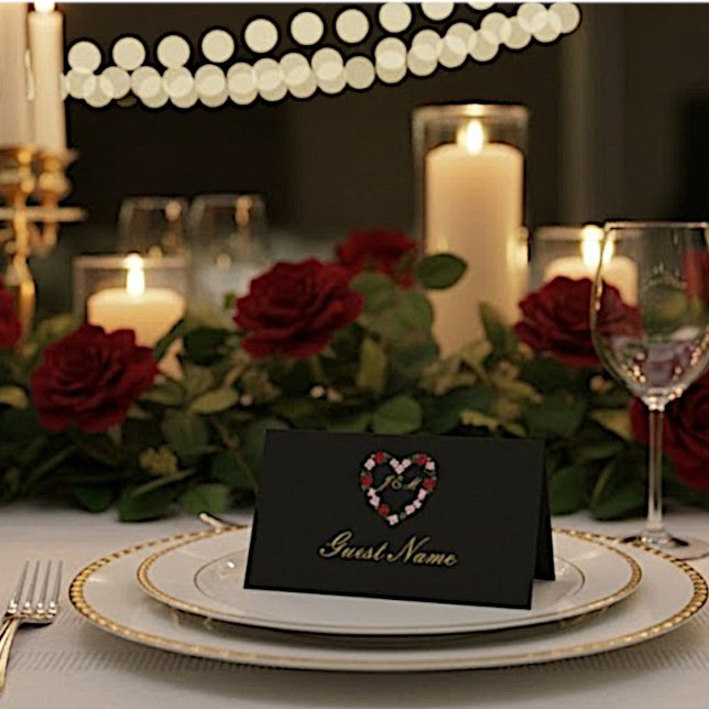 Black folded place card - floral heart Guest name Placeringskort (Skapare uppladdad)