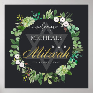 BLACK FOLIAGE WREATH STAR PUB BAT MITZVAH VÄLKOMNA POSTER