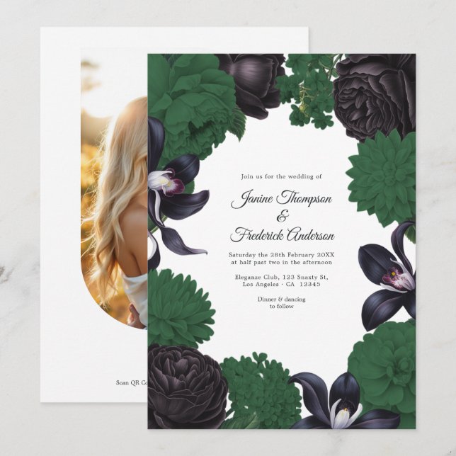 Black & Forest Green Photo/QR Code Floral Wedding Inbjudningar (Fram/baksida)