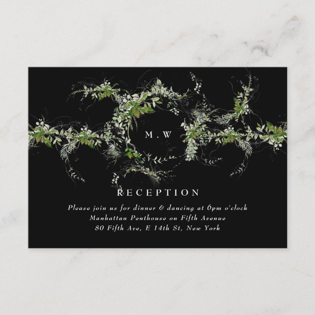 Black Formal Eucalyptus Wreath Monogram Wedding Tilläggskort (Framsida)