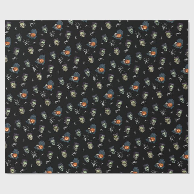 🖤 Black Frankenstein Wrapping Papper 💀 🎃 Presentpapper (Platt)