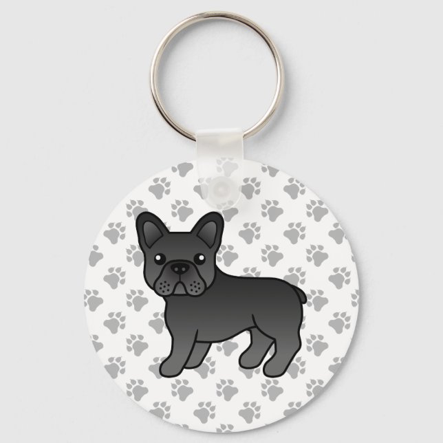 Black Fransk Bulldog Cute Tecknad hund Nyckelring (Framsida)