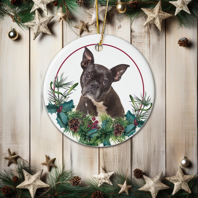 Black Fransk Bulldog Evergreen Berry Wandan Julgransprydnad Keramik (Skapare uppladdad)