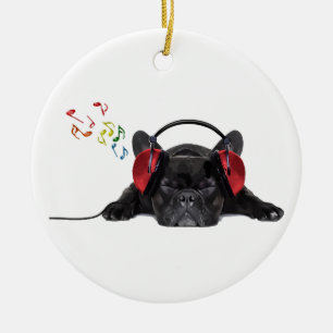Black Fransk Bulldog Grooving to Hans Tunes Julgransprydnad Keramik