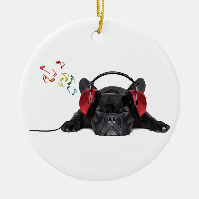 Black Fransk Bulldog Grooving to Hans Tunes Julgransprydnad Keramik (Framsidan)