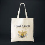 Black Fredag Shopping Latke Play på Ord Tygkasse<br><div class="desc">"Jag har en latke att göra i dag" är en roligt Black Fredag som spelar lite på Hanukkah ord. {Cute,  höger?} Typografin är ett modernt block i marinblått kombinerat med ett modernt skript i guld. Bilden är en vattenfärgsmenorah med en söt blommigt blommor.</div>
