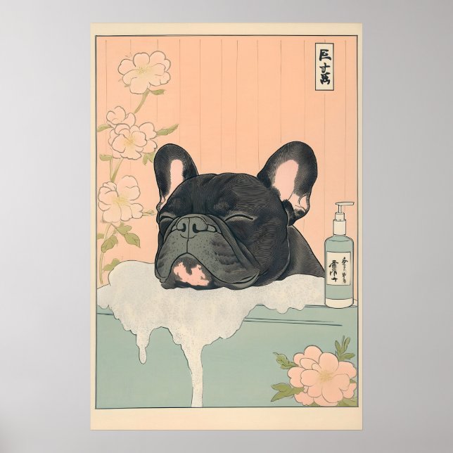 Black French Bulldog Bathroom Print Japandi Poster (Framsidan)