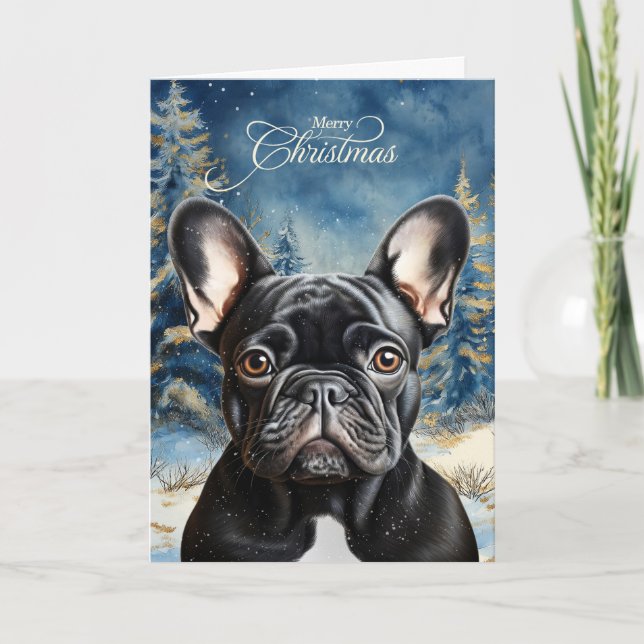 Black French Bulldog Pine Winter Forest Christmas Helgkort (Framsida)